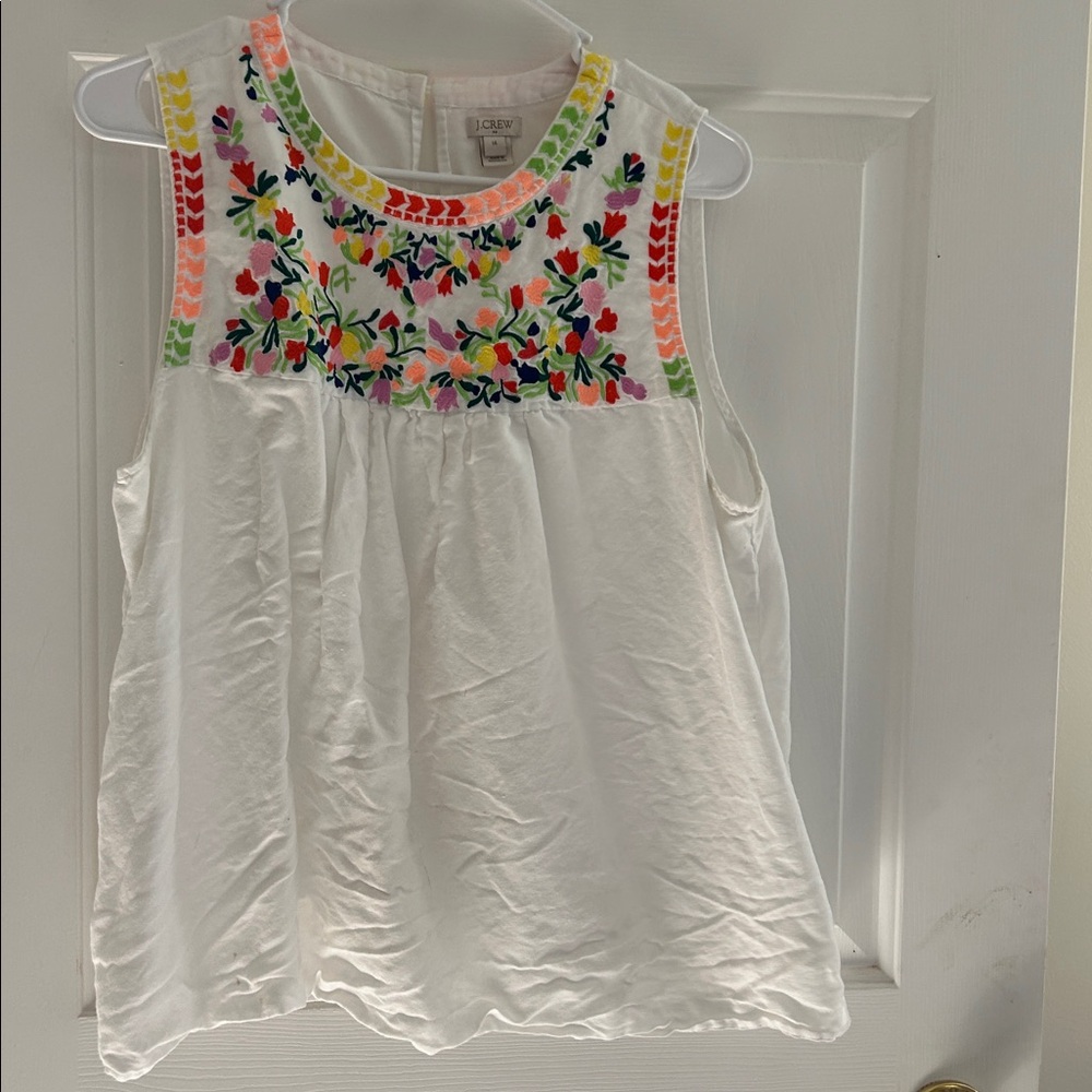 J. Crew White Blouse with Colorful Embroidery